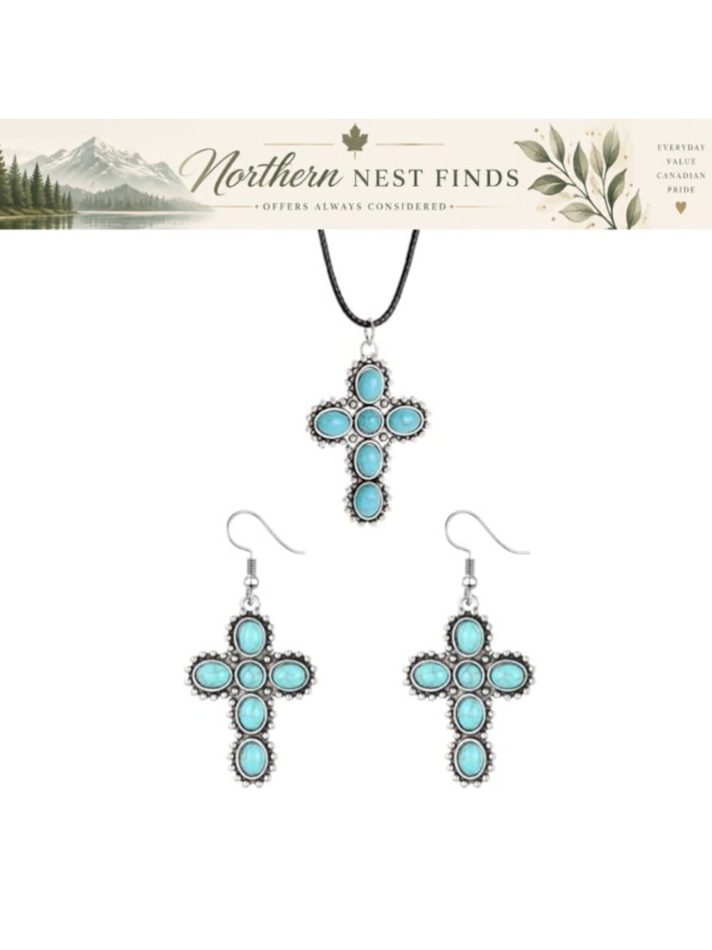 Turquoise Stone Cross Pendant Necklace & Earrings Set Leather Cord Boho Jewelry